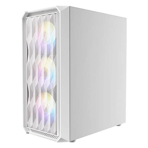 The Antec NX292 White ATX Mid-Tower Case features a full side view with a tempered glass panel and comes pre-installed with four 120mm fans at the front for optimal airflow.