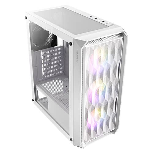 The Antec NX292 White ATX Mid-Tower Case features a full side view with a tempered glass panel and comes pre-installed with four 120mm fans at the front for optimal airflow.