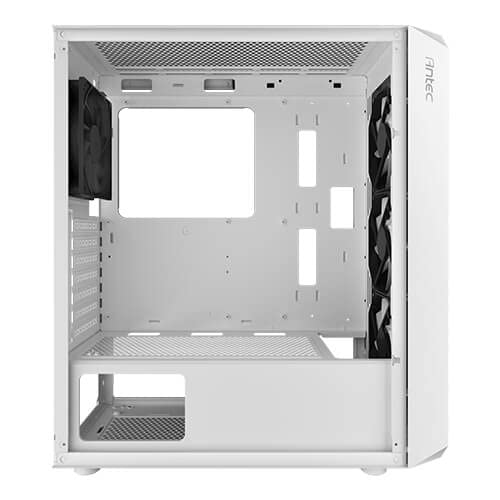 The Antec NX292 White ATX Mid-Tower Case features a full side view with a tempered glass panel and comes pre-installed with four 120mm fans at the front for optimal airflow.