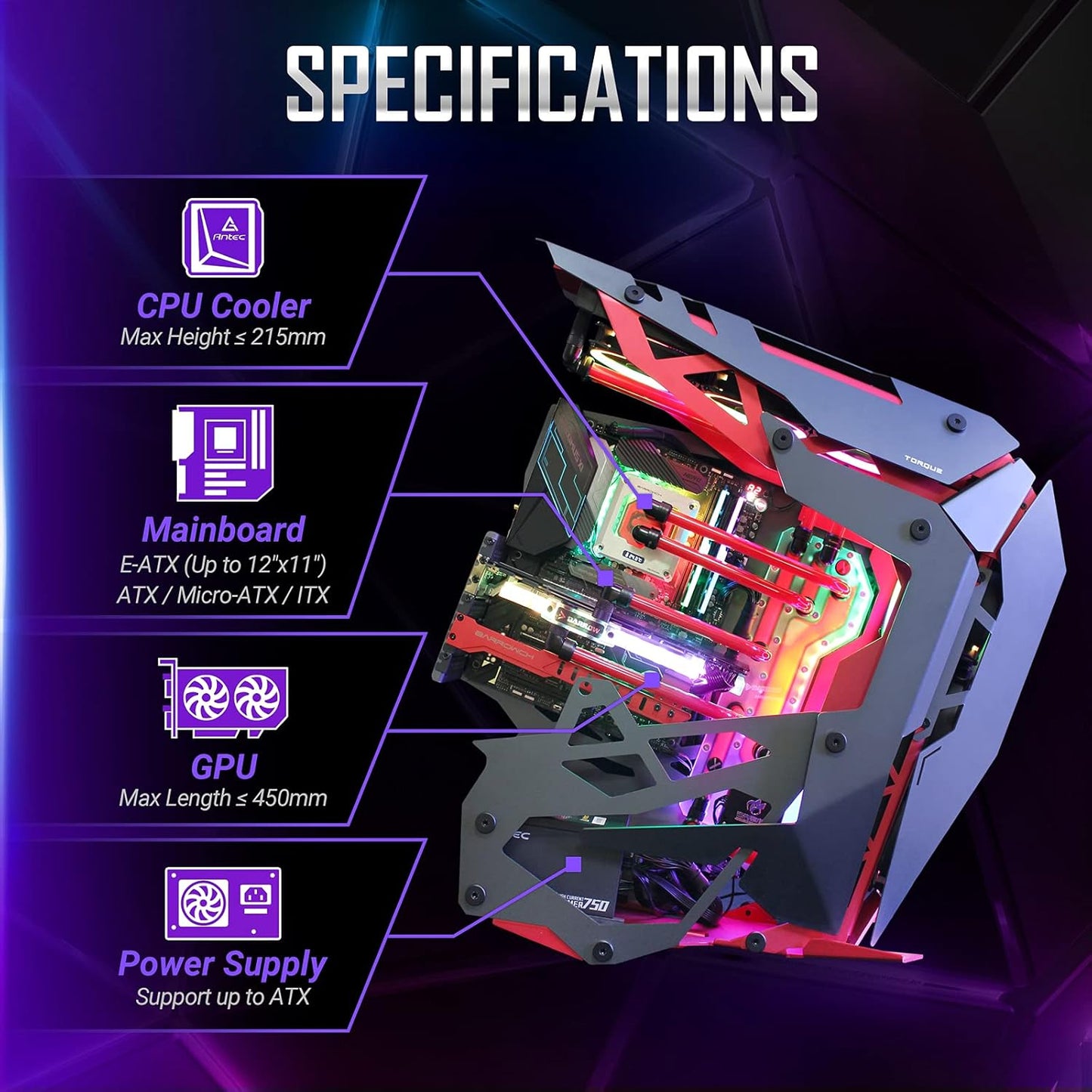 Antec Torque Mid Tower Aluminum Gaming Cabinet I Computer Case Support E-ATX, ATX, Micro-ATX, ITX Motherboard with Tempered Glass (Both Sides)