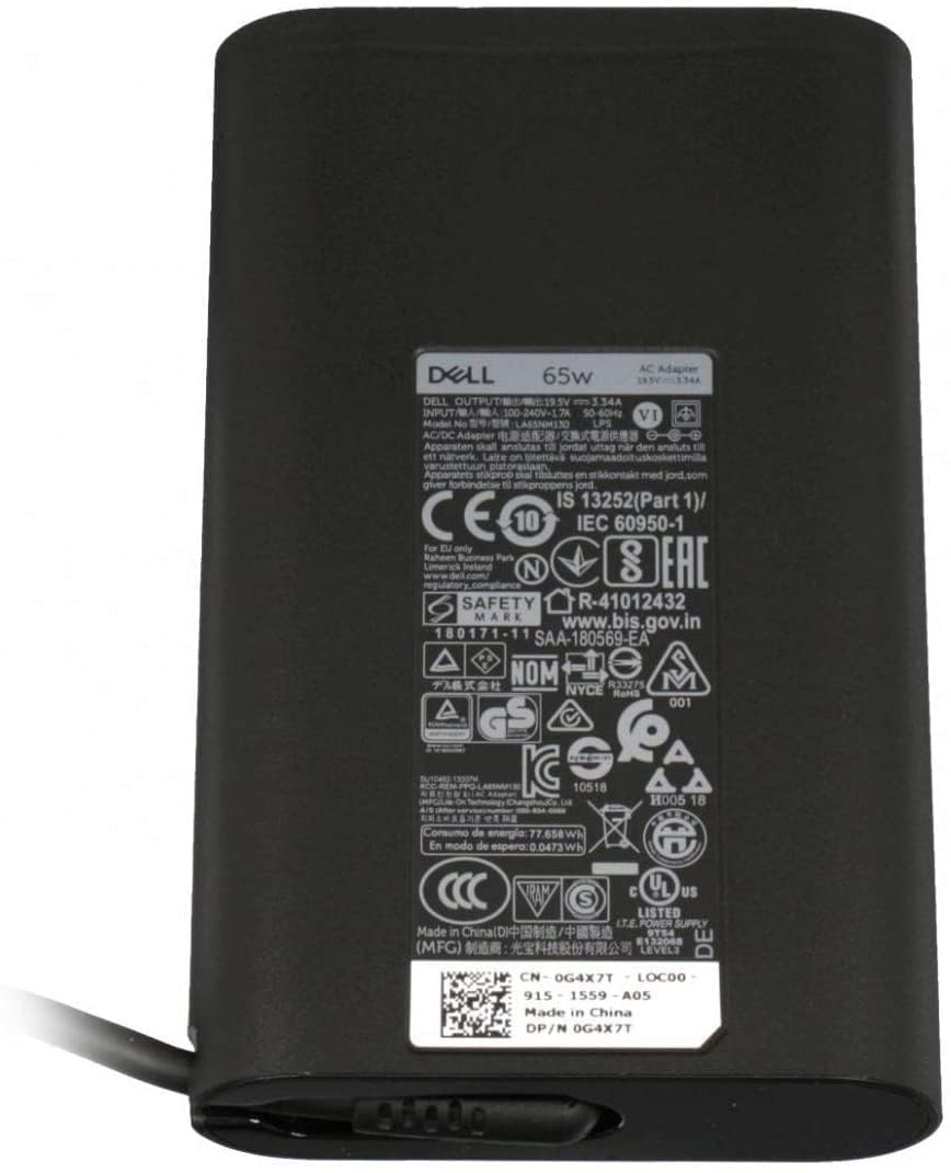Dell 65W Laptop Adapter (Black, Big Pin 7.4mm, 19.5V 3.34A) with 1-Year Warranty (Part Codes: 6TM1C, H374X, G4X7T), without power cord.