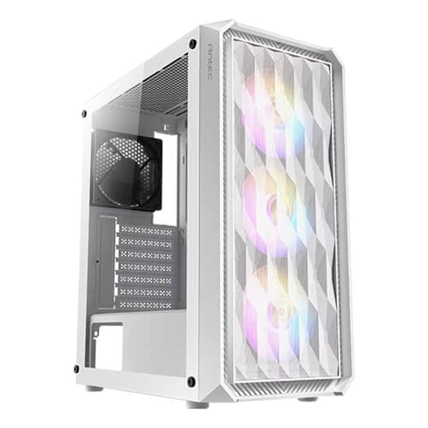 The Antec NX292 White ATX Mid-Tower Case features a full side view with a tempered glass panel and comes pre-installed with four 120mm fans at the front for optimal airflow.