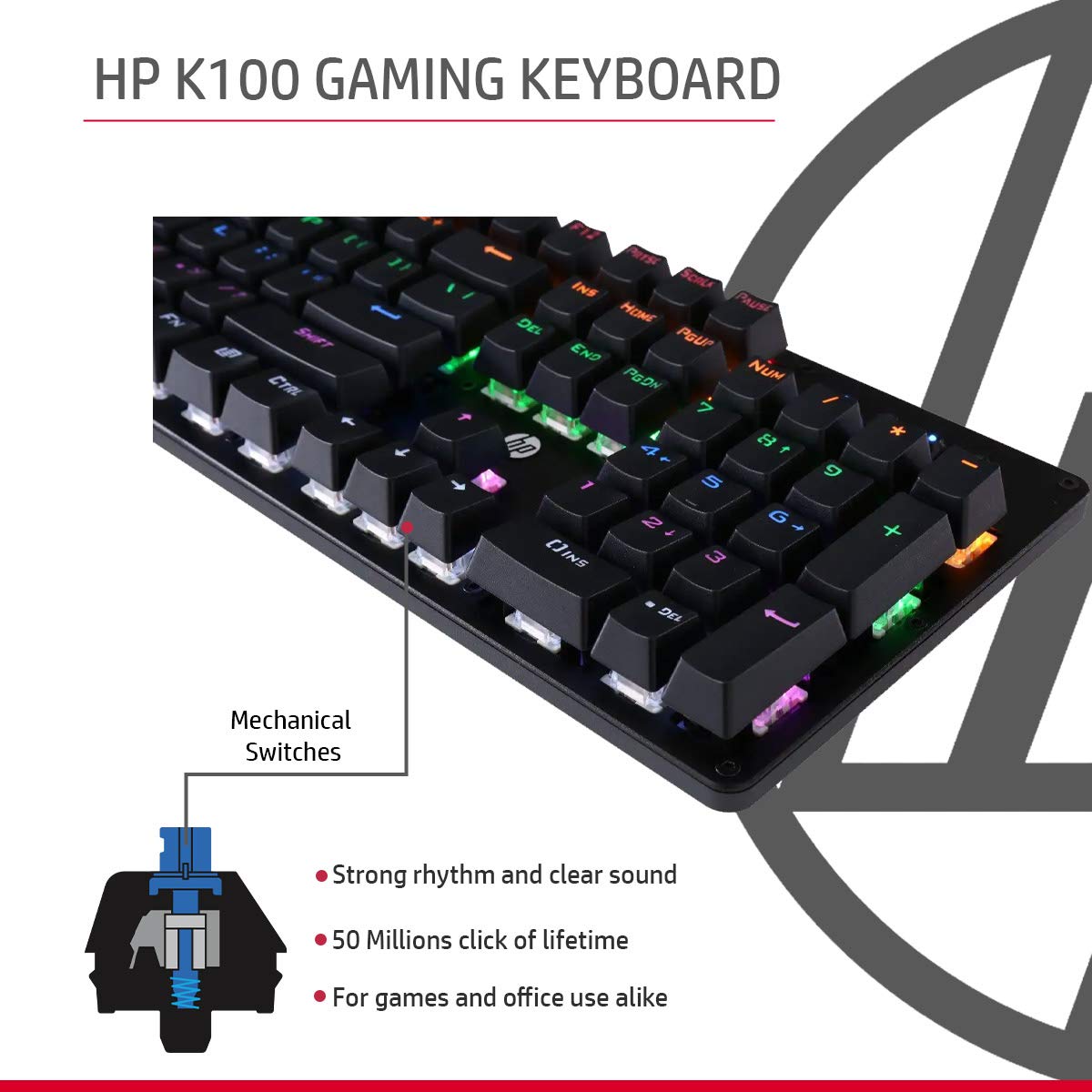 HP GK100 Wired Full Size RGM Backlit Mechanical Gaming Keyboard, 4 LED Indicators, Mechanical Switches,Double Injection Key Caps, and Window Key Lock, 3 Years Warranty (1D763AA)