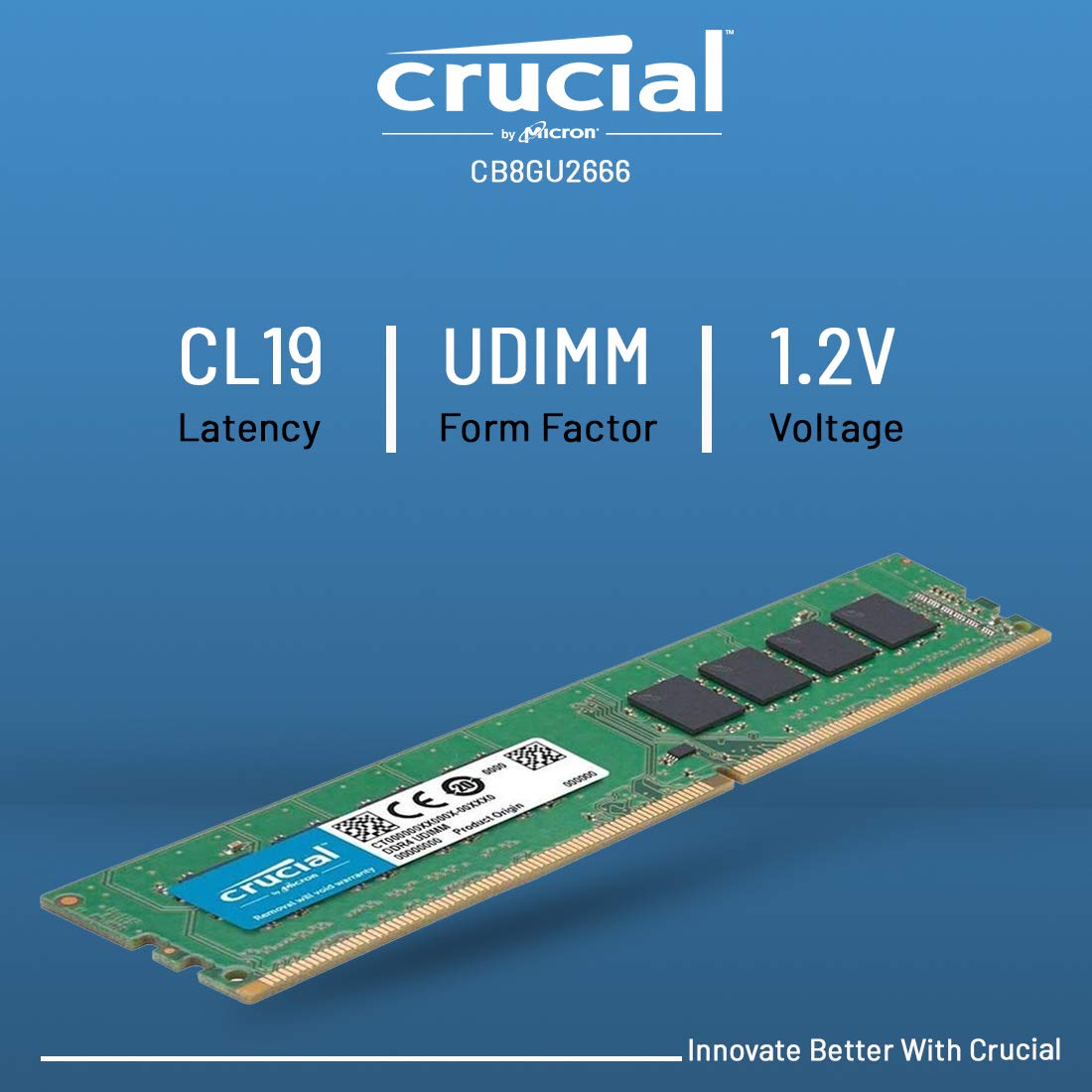 Crucial 8GB DDR4 2666MHz CL19 UDIMM Desktop RAM Memory Module, 1.2V, Green