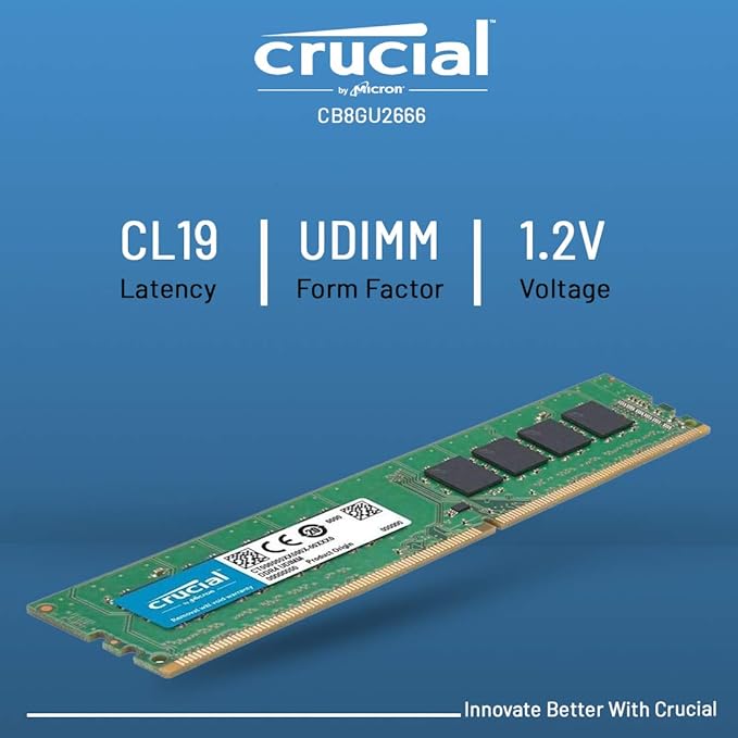 Crucial 8GB DDR4 2666MHz CL19 UDIMM Desktop RAM Memory Module, 1.2V, Green