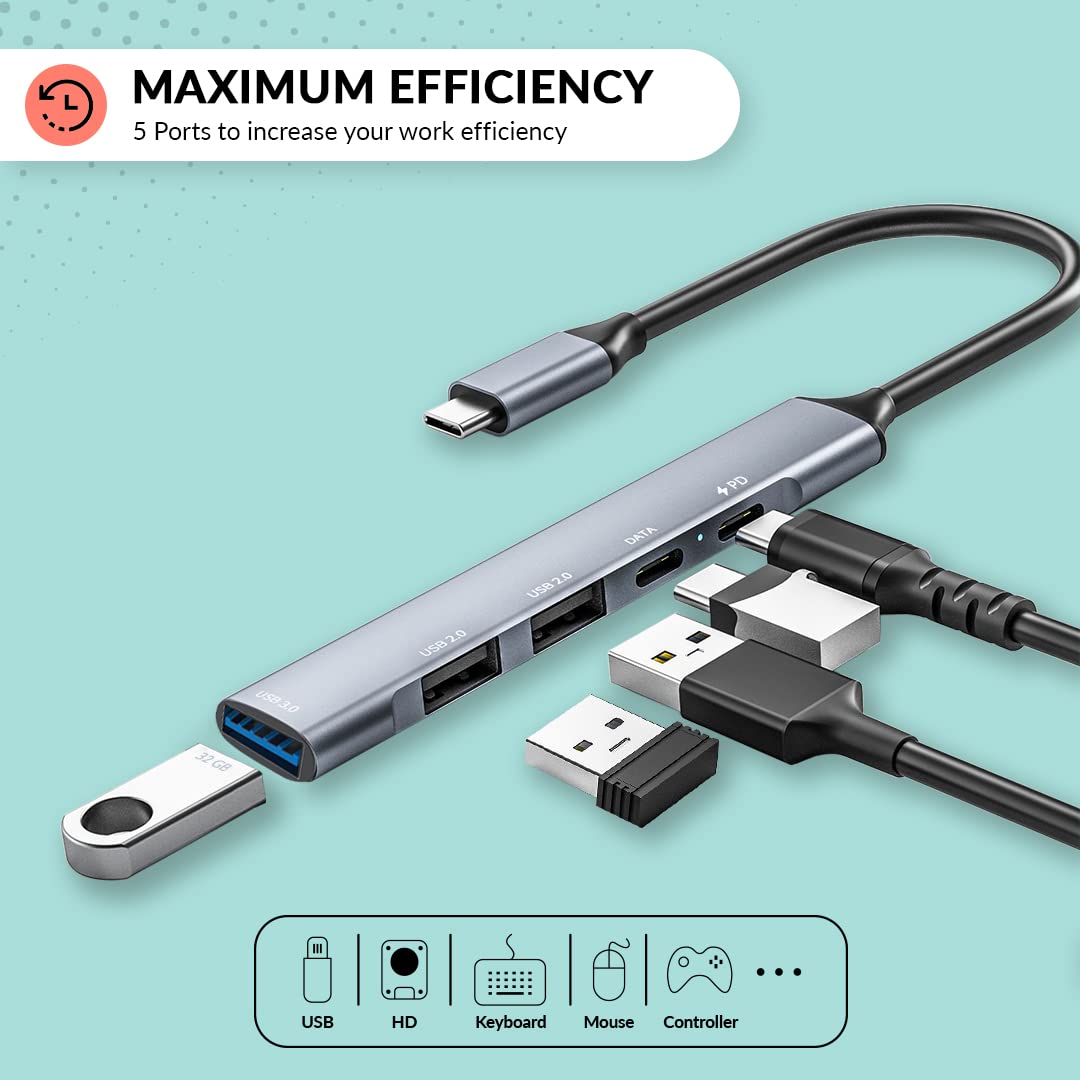 Tizum Aircase USB-C Hub (5-in-1) | Type-C Multiport Adapter with 1 PD 100W Port, 1 USB 3.0 Port, 1 USB-C Port, and 2 USB 2.0 Ports. Offers high-speed data transfer up to 5Gbps, compatible with laptops, PCs, iPads, and XPS devices (Grey).