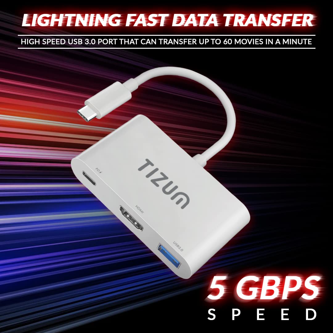 Tizum Aircase USB-C Hub (3-in-1) | Portable Multiport Adapter with PD 100W, Type-C to 4K HDMI, and USB 3.0 for Fast Charging and Data Transfer up to 5Gbps. Compatible with USB-C laptops, Samsung devices, Xbox, PS5, PS4, and Nintendo.