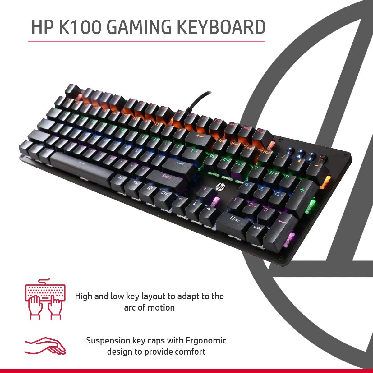 HP GK100 Wired Full Size RGM Backlit Mechanical Gaming Keyboard, 4 LED Indicators, Mechanical Switches,Double Injection Key Caps, and Window Key Lock, 3 Years Warranty (1D763AA)