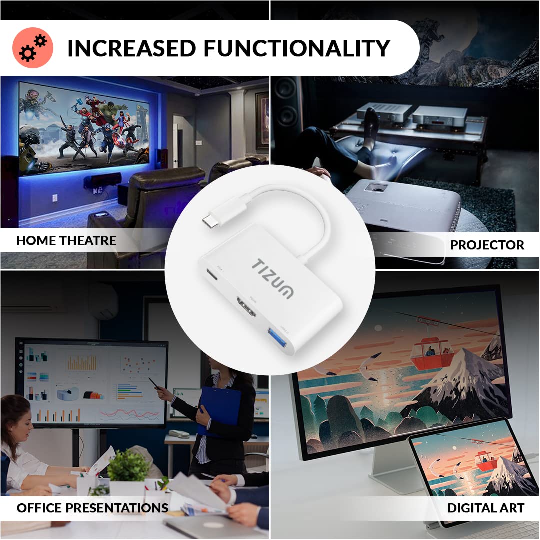 Tizum Aircase USB-C Hub (3-in-1) | Portable Multiport Adapter with PD 100W, Type-C to 4K HDMI, and USB 3.0 for Fast Charging and Data Transfer up to 5Gbps. Compatible with USB-C laptops, Samsung devices, Xbox, PS5, PS4, and Nintendo.