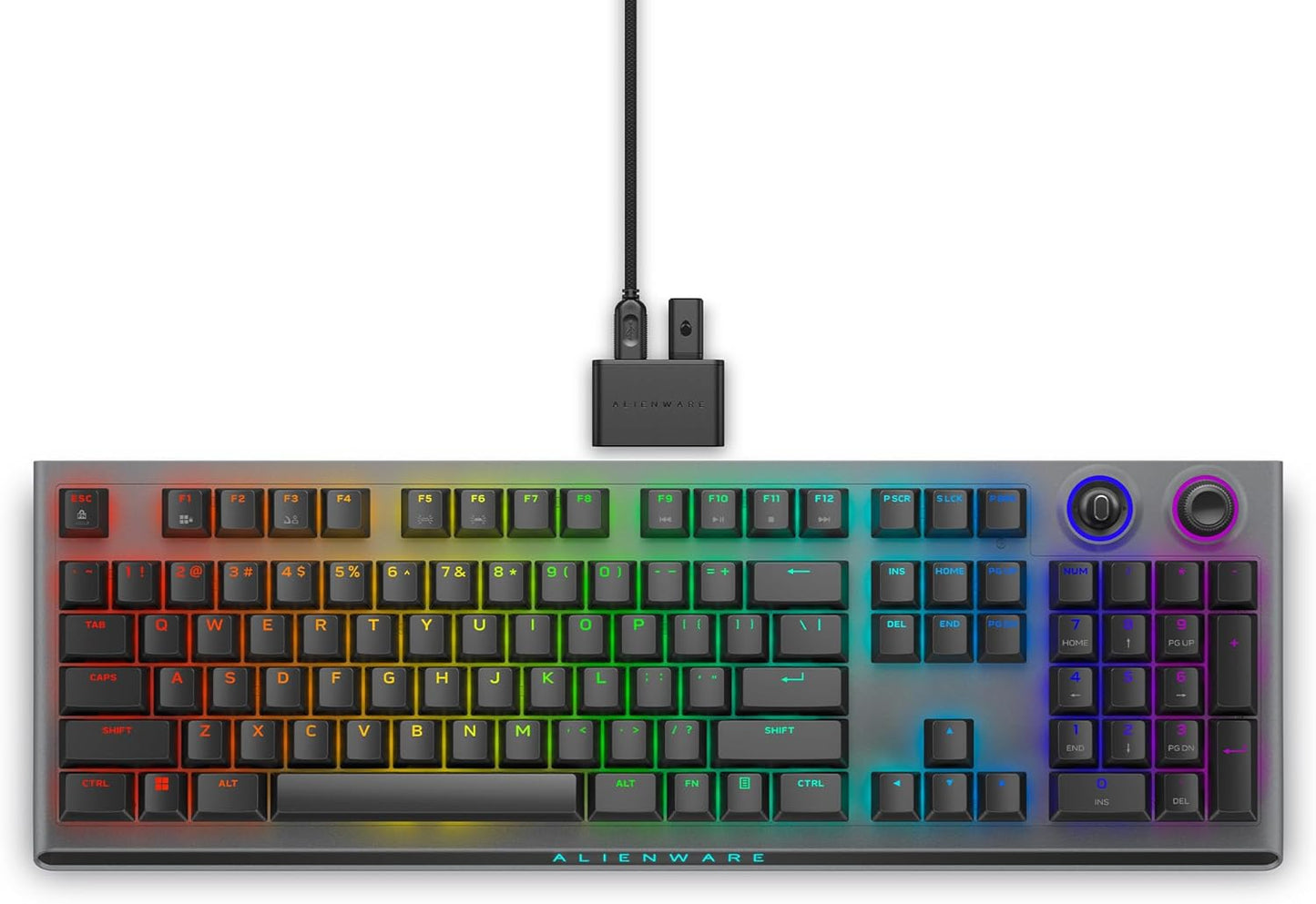 Alienware AW920K Tri-Mode Wireless Gaming Keyboard - Rechargeable, Wireless/Wired, Magnetic Snap-on Charging, Programmable Rocker Switch and Dial, AlienFX per-Key RGB - Dark Side of The Moon