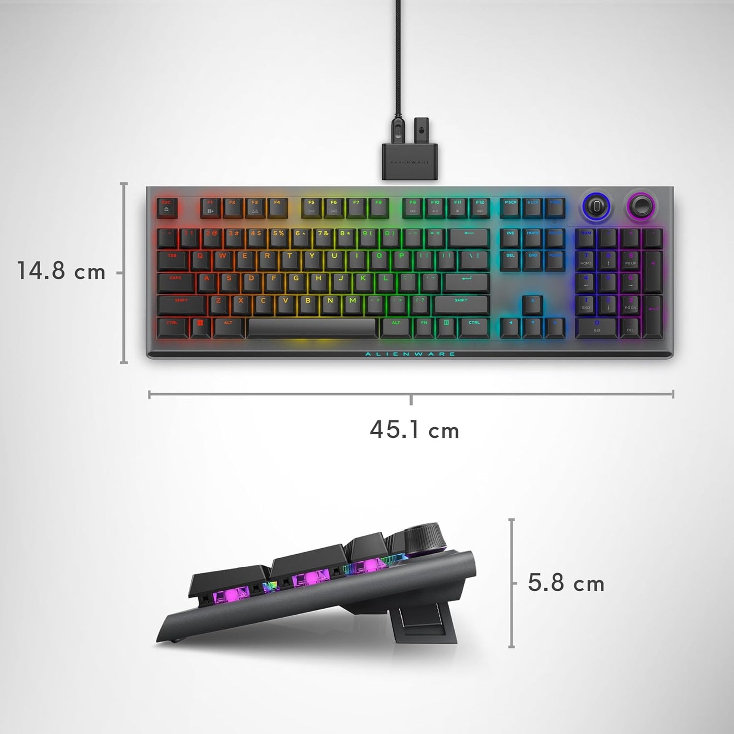 Alienware AW920K Tri-Mode Wireless Gaming Keyboard - Rechargeable, Wireless/Wired, Magnetic Snap-on Charging, Programmable Rocker Switch and Dial, AlienFX per-Key RGB - Dark Side of The Moon