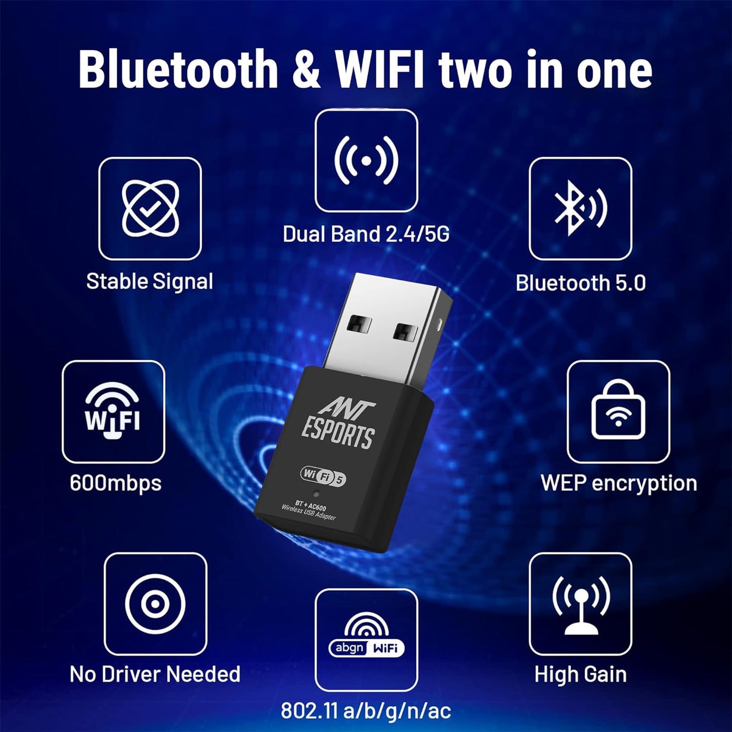 Ant Esports AE600B 600 Mbps Wi-Fi + Bluetooth USB 2.0 Mini Dongle for Desktop Laptop PC I 2.4 & 5Ghz I WiFi 5 802.11AC