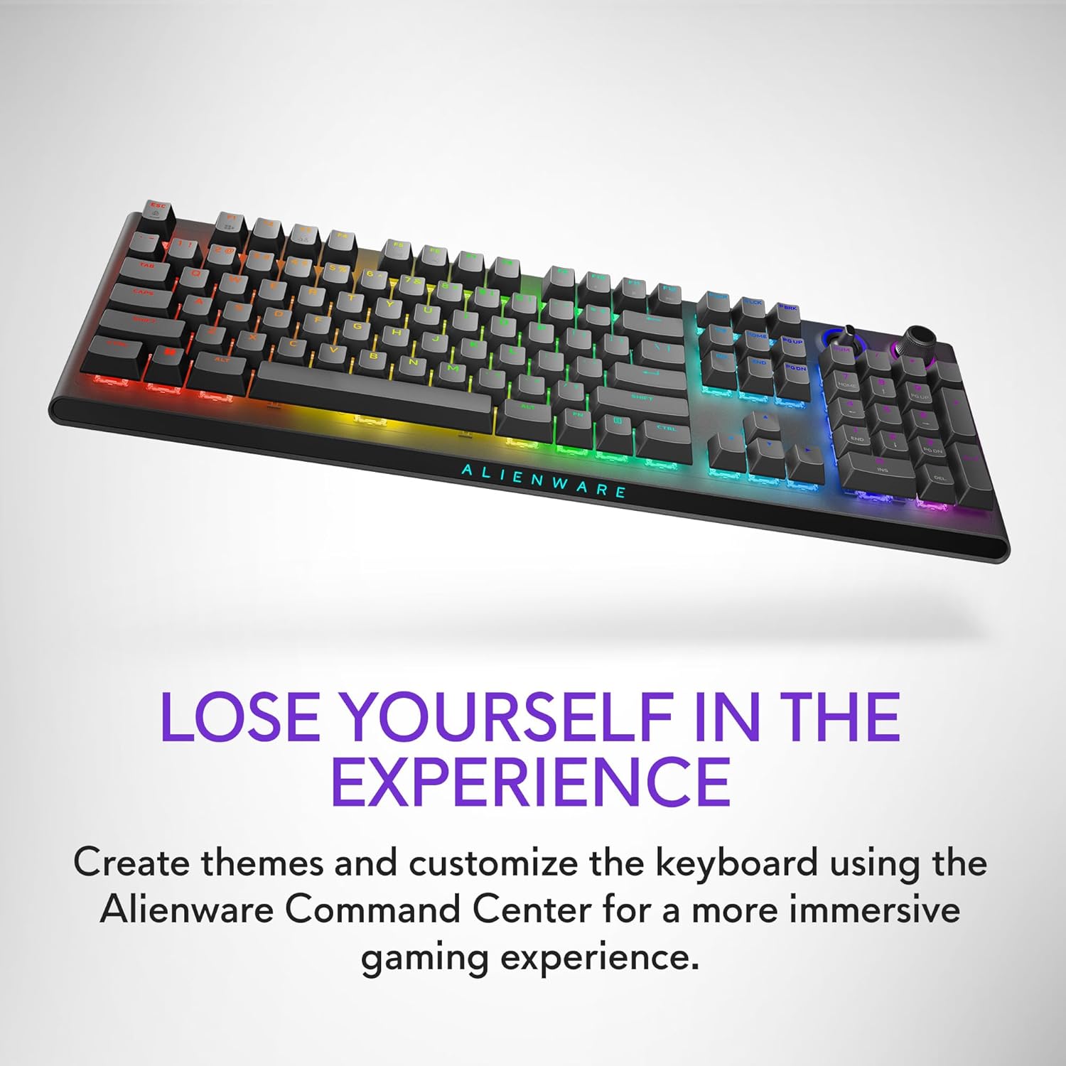 Alienware AW920K Tri-Mode Wireless Gaming Keyboard - Rechargeable, Wireless/Wired, Magnetic Snap-on Charging, Programmable Rocker Switch and Dial, AlienFX per-Key RGB - Dark Side of The Moon