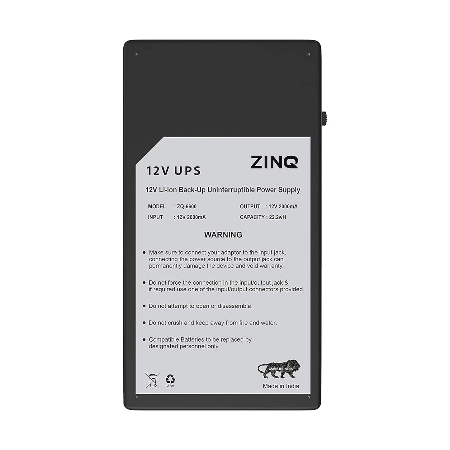 ZINQ Mini UPS for 12V Routers, High-Power Fiber Routers, and Broadband Modems | Seamless Automatic Switching | Up to 4 Hours of Power Backup During Outages (Black)