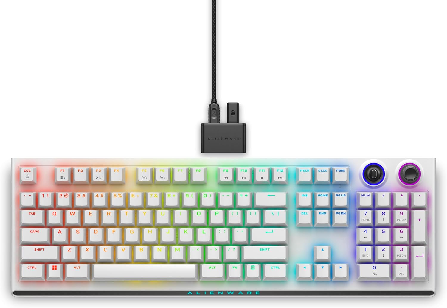 Alienware AW920K Tri-Mode Wireless Gaming Keyboard - Rechargeable, Wireless/Wired, Magnetic Snap-on Charging, Programmable Rocker Switch and Dial, AlienFX per-Key RGB - Lunar Light