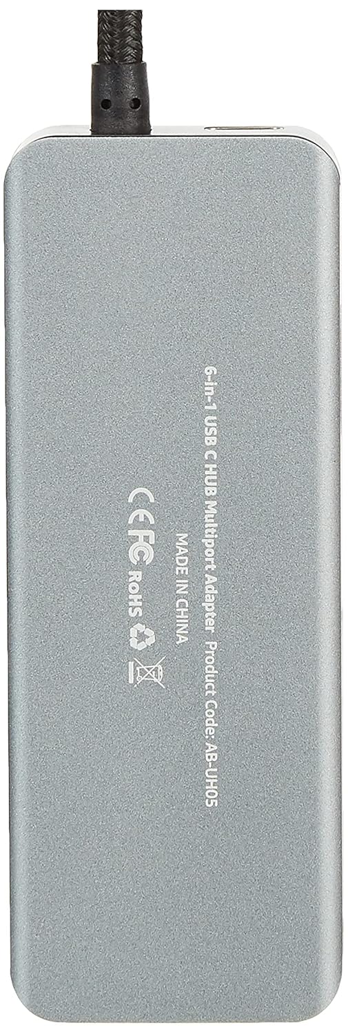 Amazon Basics 6-in-1 USB-C Hub Multiport Adapter with LAN Port, HDMI, Type-C, and Two USB 3.0 Ports (Black).