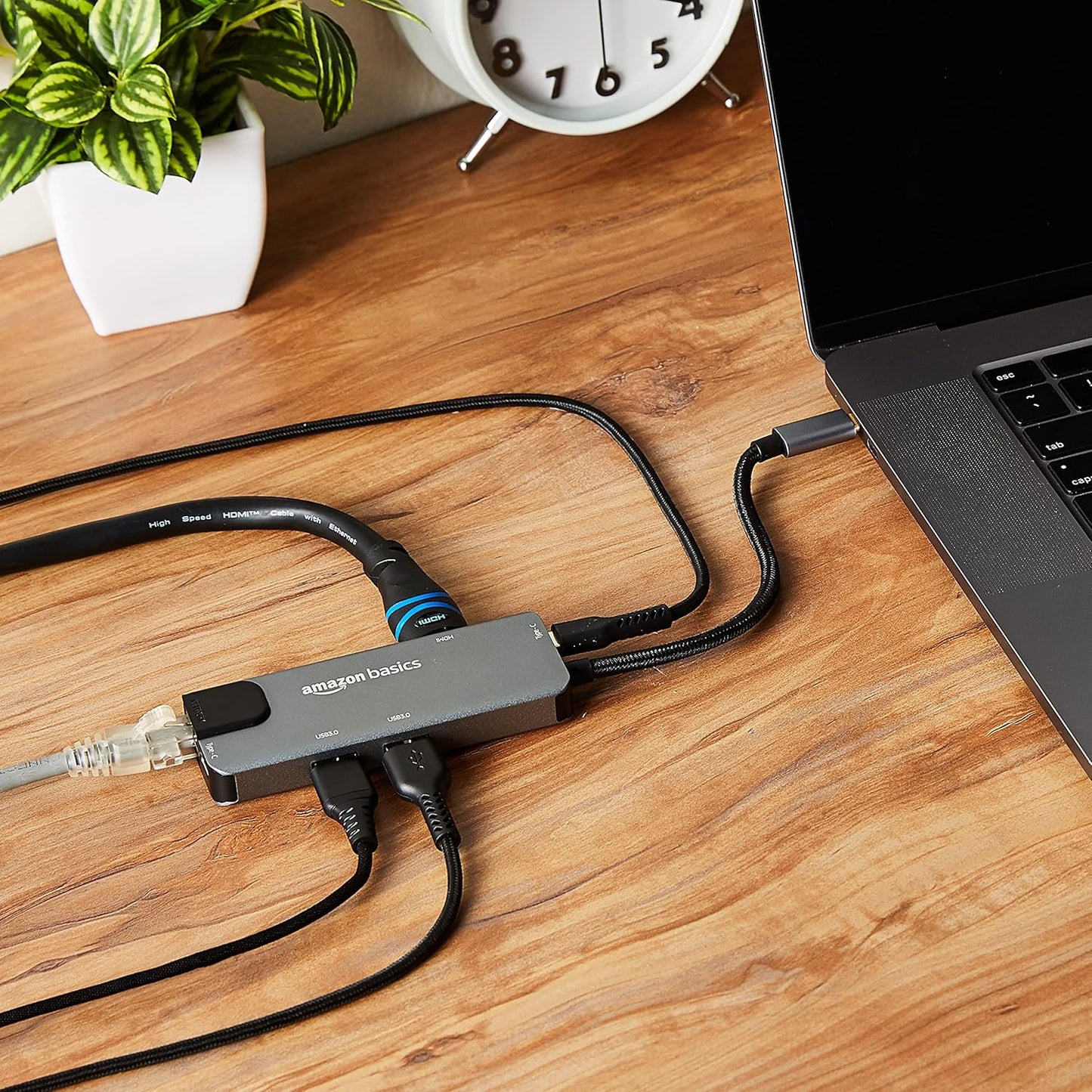 Amazon Basics 6-in-1 USB-C Hub Multiport Adapter with LAN Port, HDMI, Type-C, and Two USB 3.0 Ports (Black).