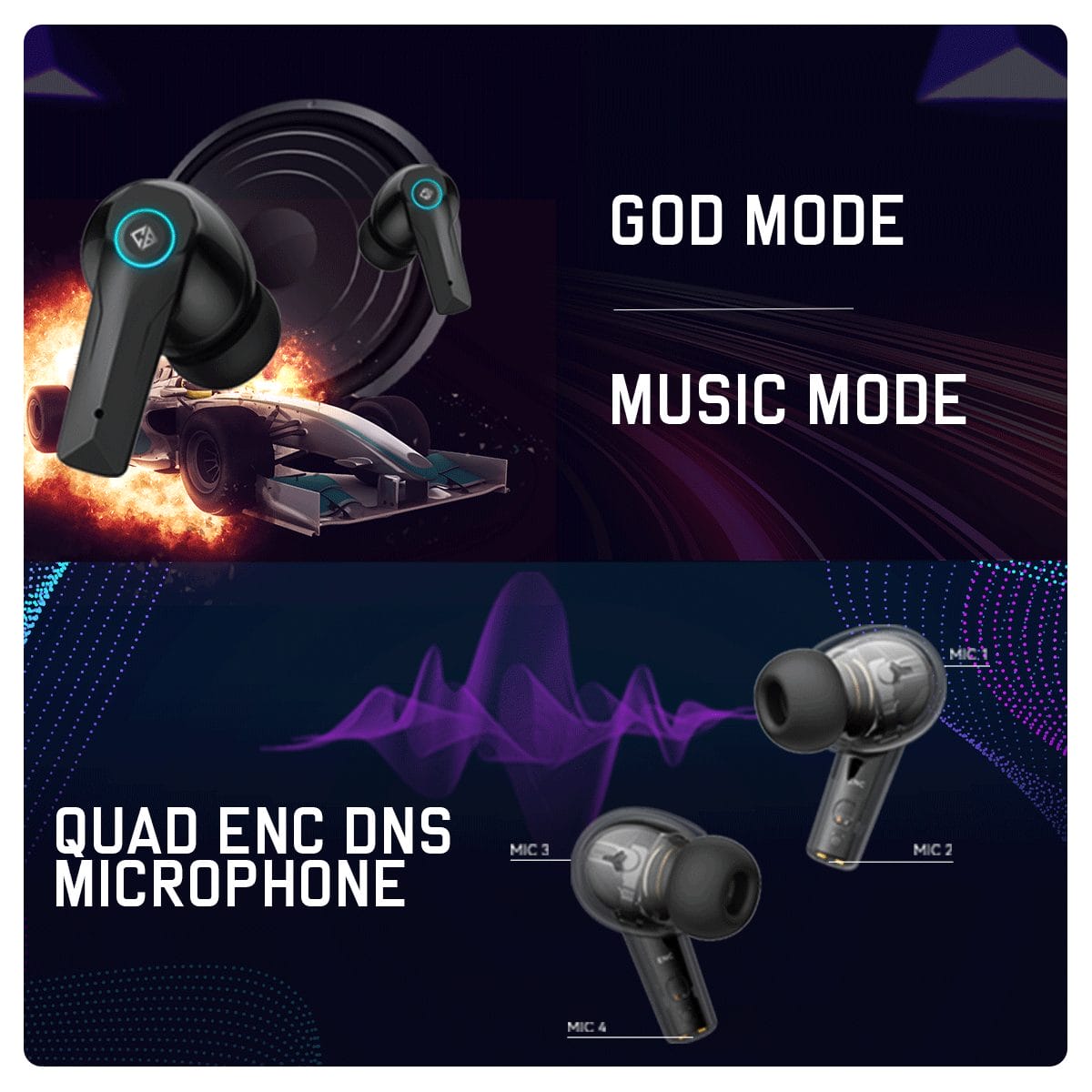 Cosmic Byte CosmoBuds X50 True Wireless Earbuds (TWS), BT 5.3, 40ms Latency GOD Mode™, Music Mode, RGB, 40Hrs, ENC, DNS Quad Mics, IPX5, Voice Assistant (Black)