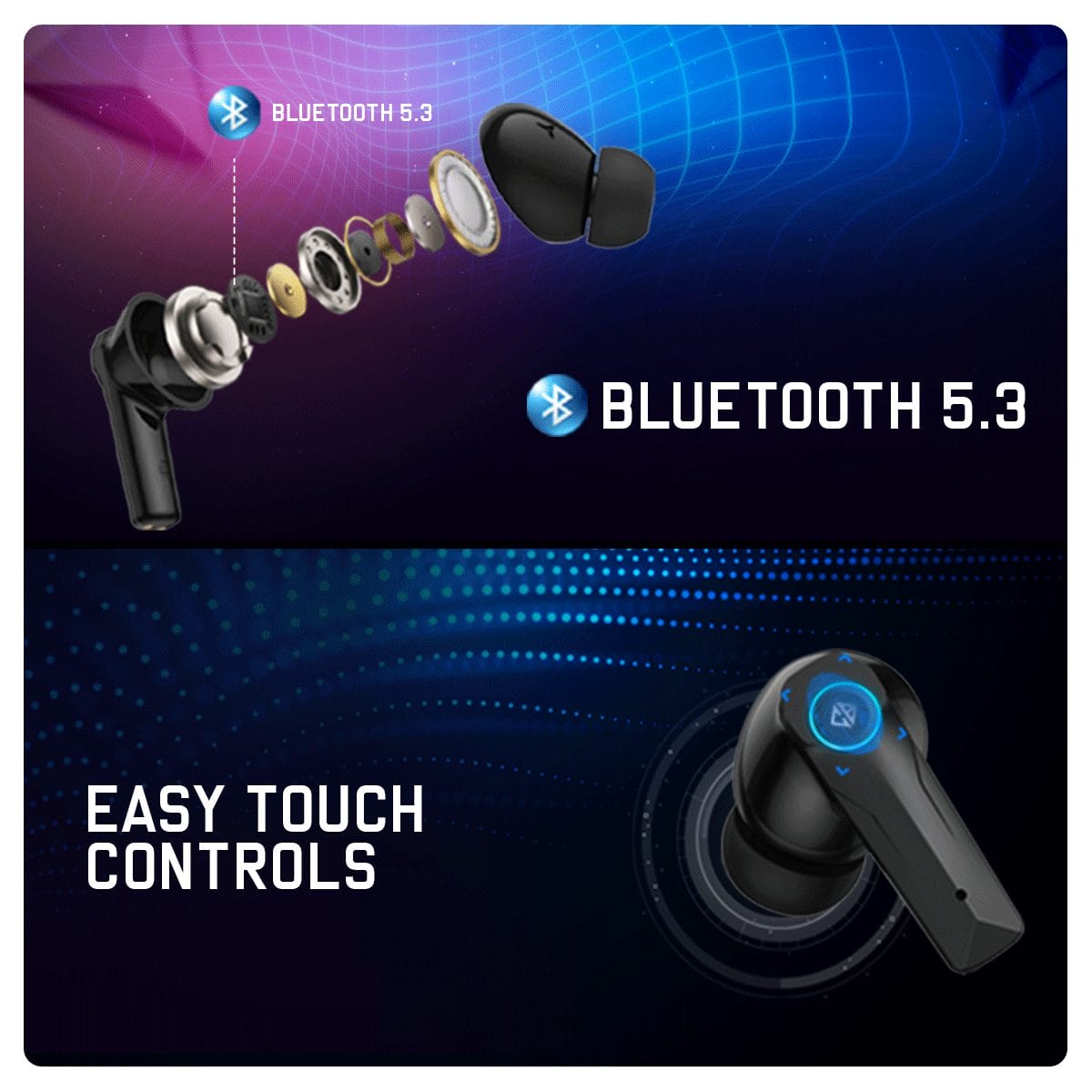 Cosmic Byte CosmoBuds X50 True Wireless Earbuds (TWS), BT 5.3, 40ms Latency GOD Mode™, Music Mode, RGB, 40Hrs, ENC, DNS Quad Mics, IPX5, Voice Assistant (Black)