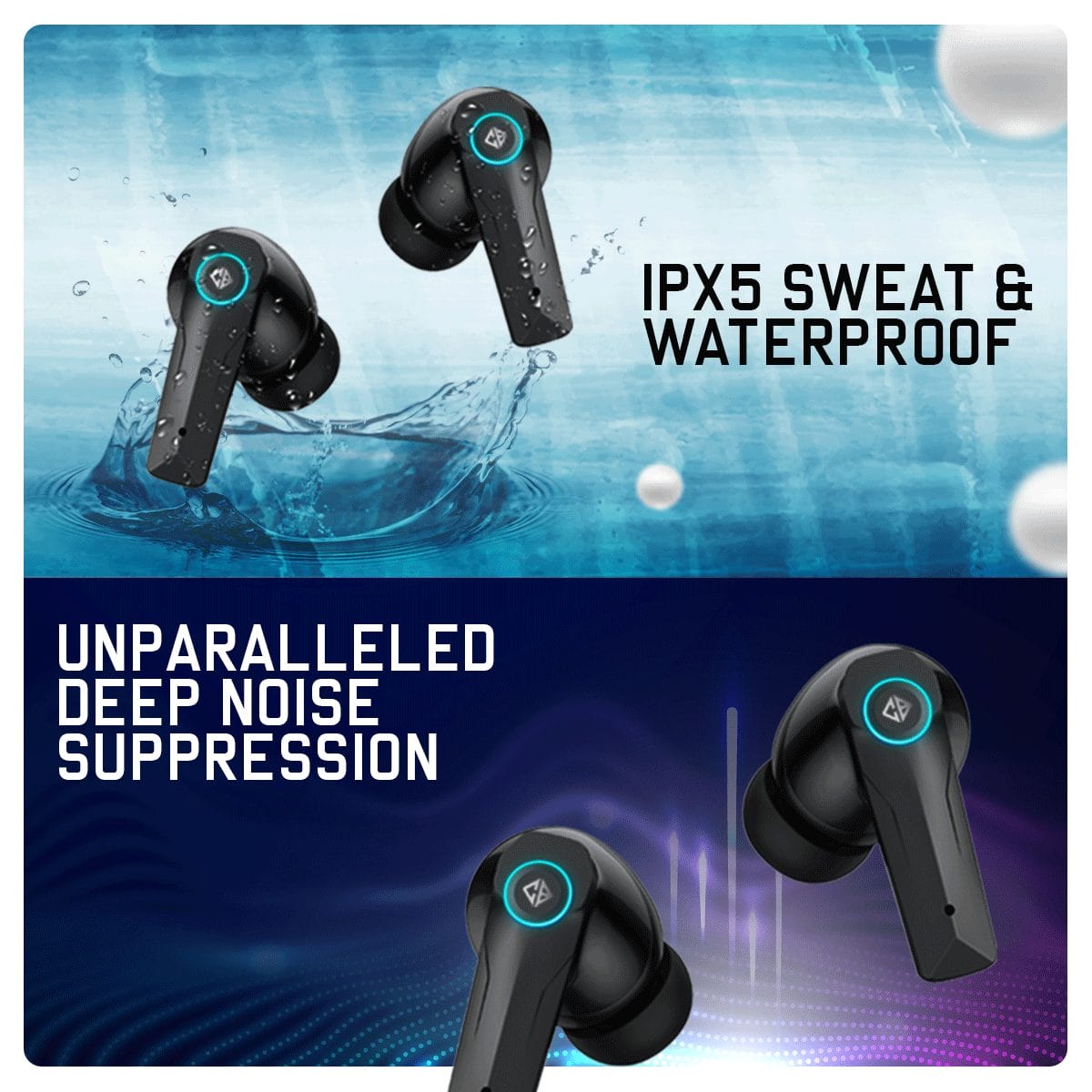 Cosmic Byte CosmoBuds X50 True Wireless Earbuds (TWS), BT 5.3, 40ms Latency GOD Mode™, Music Mode, RGB, 40Hrs, ENC, DNS Quad Mics, IPX5, Voice Assistant (Black)