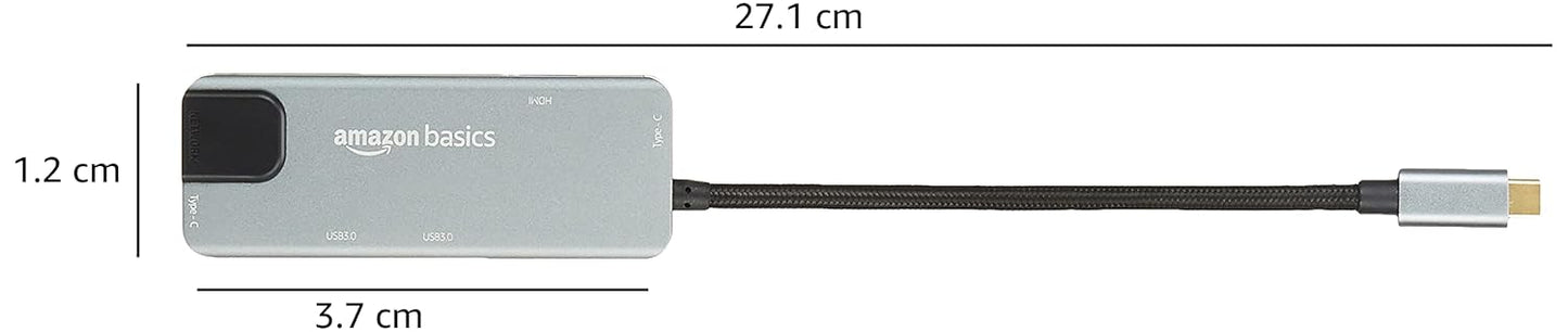 Amazon Basics 6-in-1 USB-C Hub Multiport Adapter with LAN Port, HDMI, Type-C, and Two USB 3.0 Ports (Black).