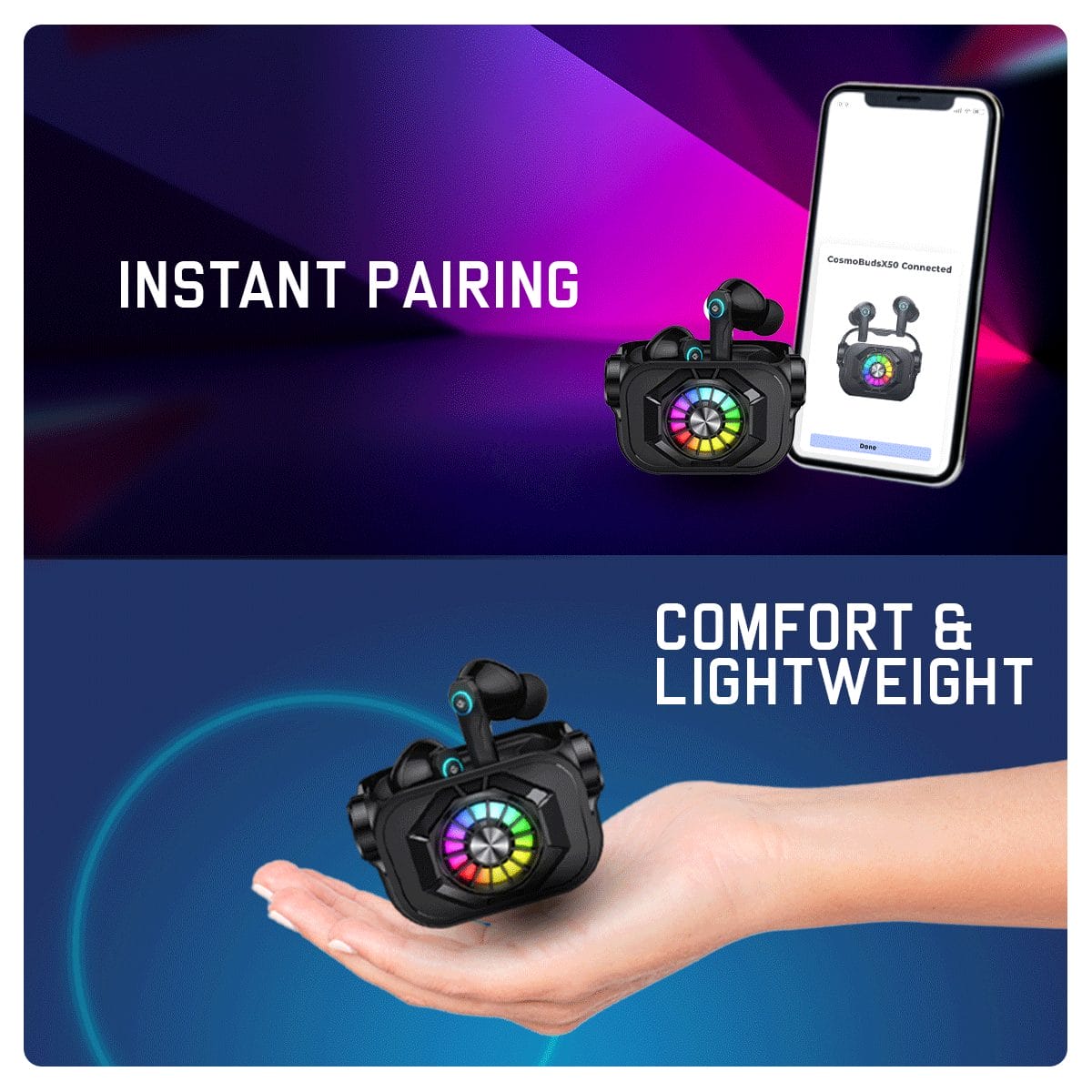 Cosmic Byte CosmoBuds X50 True Wireless Earbuds (TWS), BT 5.3, 40ms Latency GOD Mode™, Music Mode, RGB, 40Hrs, ENC, DNS Quad Mics, IPX5, Voice Assistant (Black)