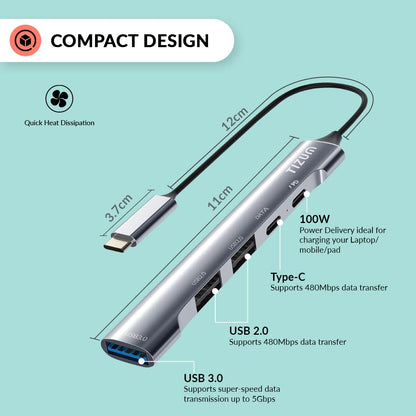 Tizum Aircase USB-C Hub (5-in-1) | Type-C Multiport Adapter with 1 PD 100W Port, 1 USB 3.0 Port, 1 USB-C Port, and 2 USB 2.0 Ports. Offers high-speed data transfer up to 5Gbps, compatible with laptops, PCs, iPads, and XPS devices (Grey).