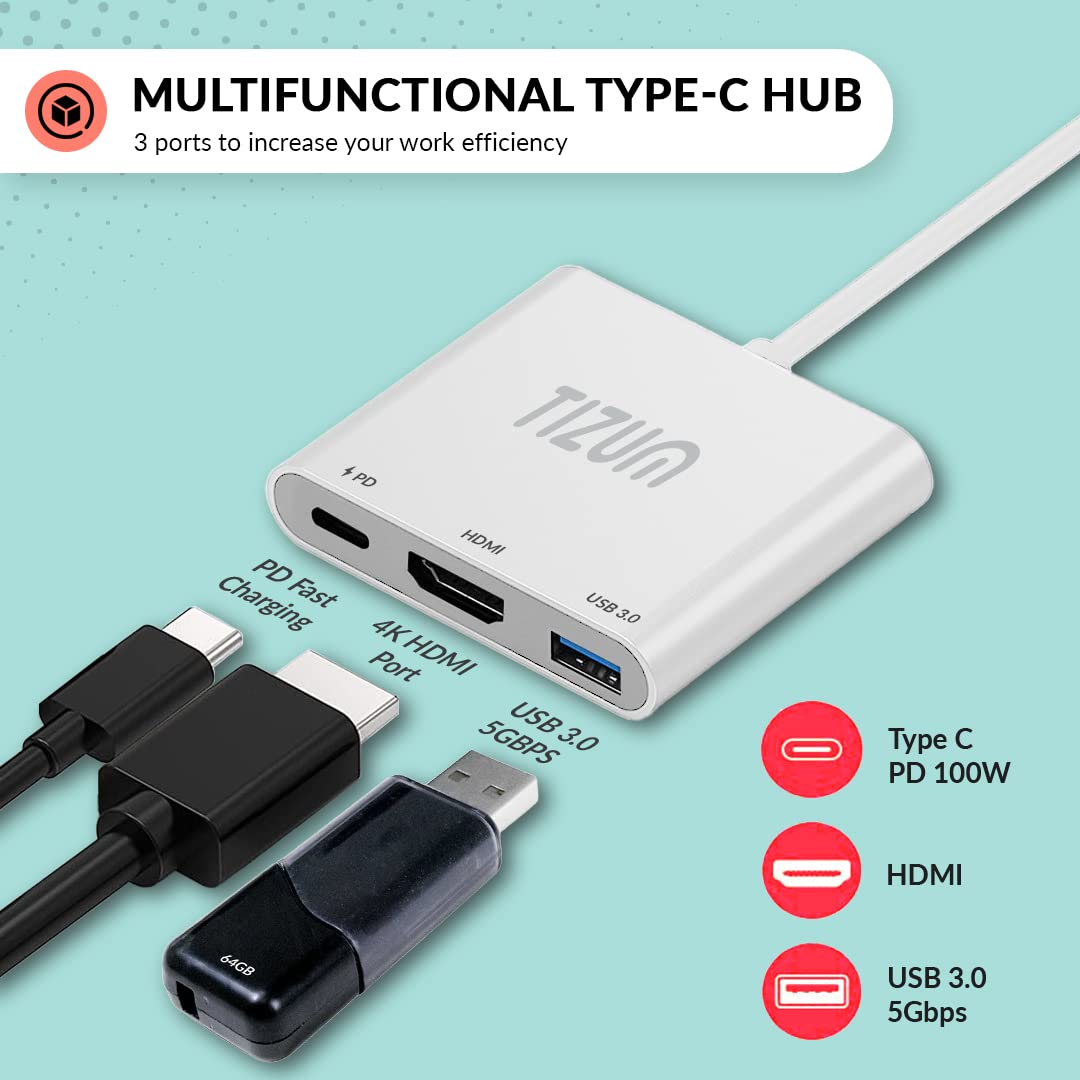 Tizum Aircase USB-C Hub (3-in-1) | Portable Multiport Adapter with PD 100W, Type-C to 4K HDMI, and USB 3.0 for Fast Charging and Data Transfer up to 5Gbps. Compatible with USB-C laptops, Samsung devices, Xbox, PS5, PS4, and Nintendo.