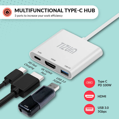 Tizum Aircase USB-C Hub (3-in-1) | Portable Multiport Adapter with PD 100W, Type-C to 4K HDMI, and USB 3.0 for Fast Charging and Data Transfer up to 5Gbps. Compatible with USB-C laptops, Samsung devices, Xbox, PS5, PS4, and Nintendo.