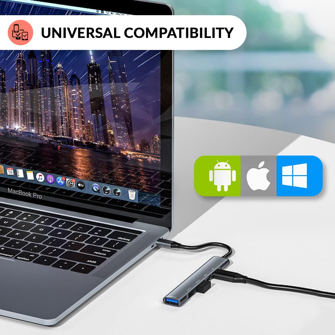 Tizum Aircase USB-C Hub (5-in-1) | Type-C Multiport Adapter with 1 PD 100W Port, 1 USB 3.0 Port, 1 USB-C Port, and 2 USB 2.0 Ports. Offers high-speed data transfer up to 5Gbps, compatible with laptops, PCs, iPads, and XPS devices (Grey).