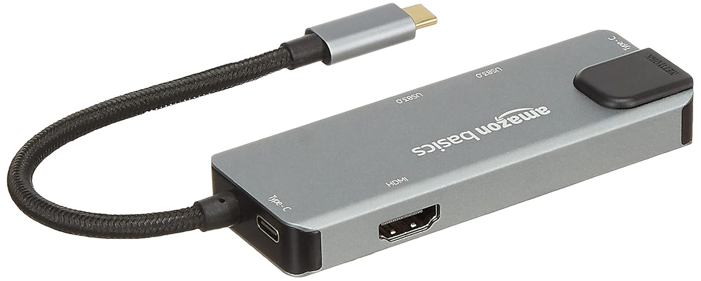 Amazon Basics 6-in-1 USB-C Hub Multiport Adapter with LAN Port, HDMI, Type-C, and Two USB 3.0 Ports (Black).