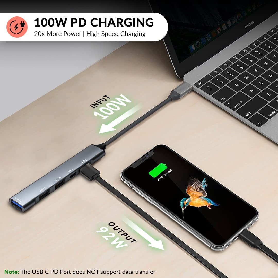 Tizum Aircase USB-C Hub (5-in-1) | Type-C Multiport Adapter with 1 PD 100W Port, 1 USB 3.0 Port, 1 USB-C Port, and 2 USB 2.0 Ports. Offers high-speed data transfer up to 5Gbps, compatible with laptops, PCs, iPads, and XPS devices (Grey).