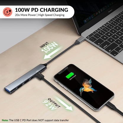 Tizum Aircase USB-C Hub (5-in-1) | Type-C Multiport Adapter with 1 PD 100W Port, 1 USB 3.0 Port, 1 USB-C Port, and 2 USB 2.0 Ports. Offers high-speed data transfer up to 5Gbps, compatible with laptops, PCs, iPads, and XPS devices (Grey).
