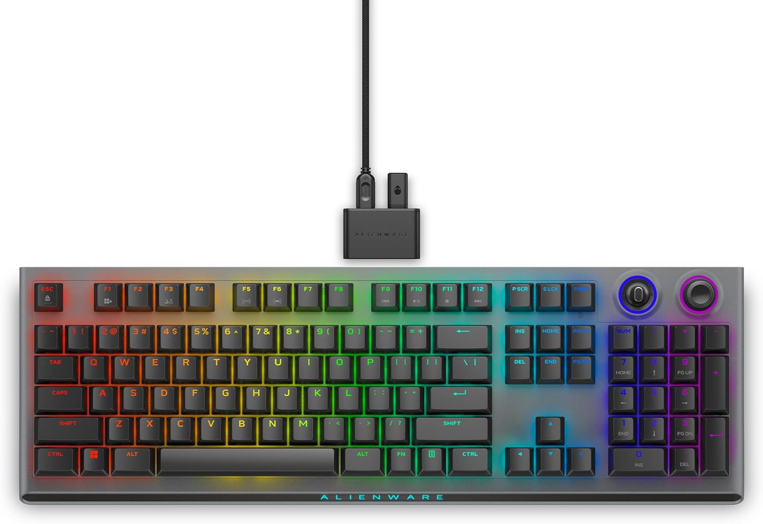 Alienware AW920K Tri-Mode Wireless Gaming Keyboard - Rechargeable, Wireless/Wired, Magnetic Snap-on Charging, Programmable Rocker Switch and Dial, AlienFX per-Key RGB - Dark Side of The Moon
