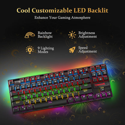 Redragon Kumara K552 Rainbow LED Backlit TKL Ten Key-Less Mechanical Wired Gaming Keyboard Without Numlock Keys (Black)