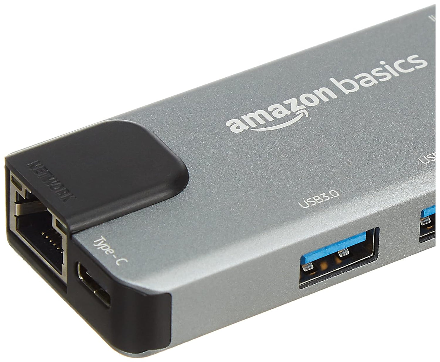 Amazon Basics 6-in-1 USB-C Hub Multiport Adapter with LAN Port, HDMI, Type-C, and Two USB 3.0 Ports (Black).