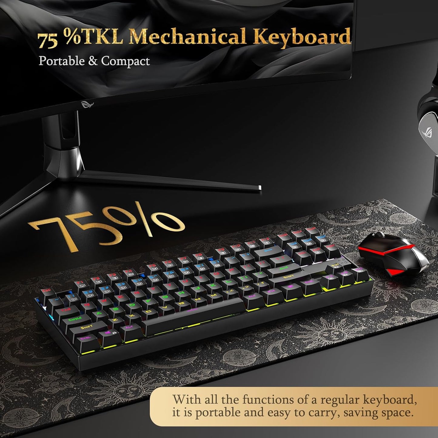 Redragon Kumara K552 Rainbow LED Backlit TKL Ten Key-Less Mechanical Wired Gaming Keyboard Without Numlock Keys (Black)