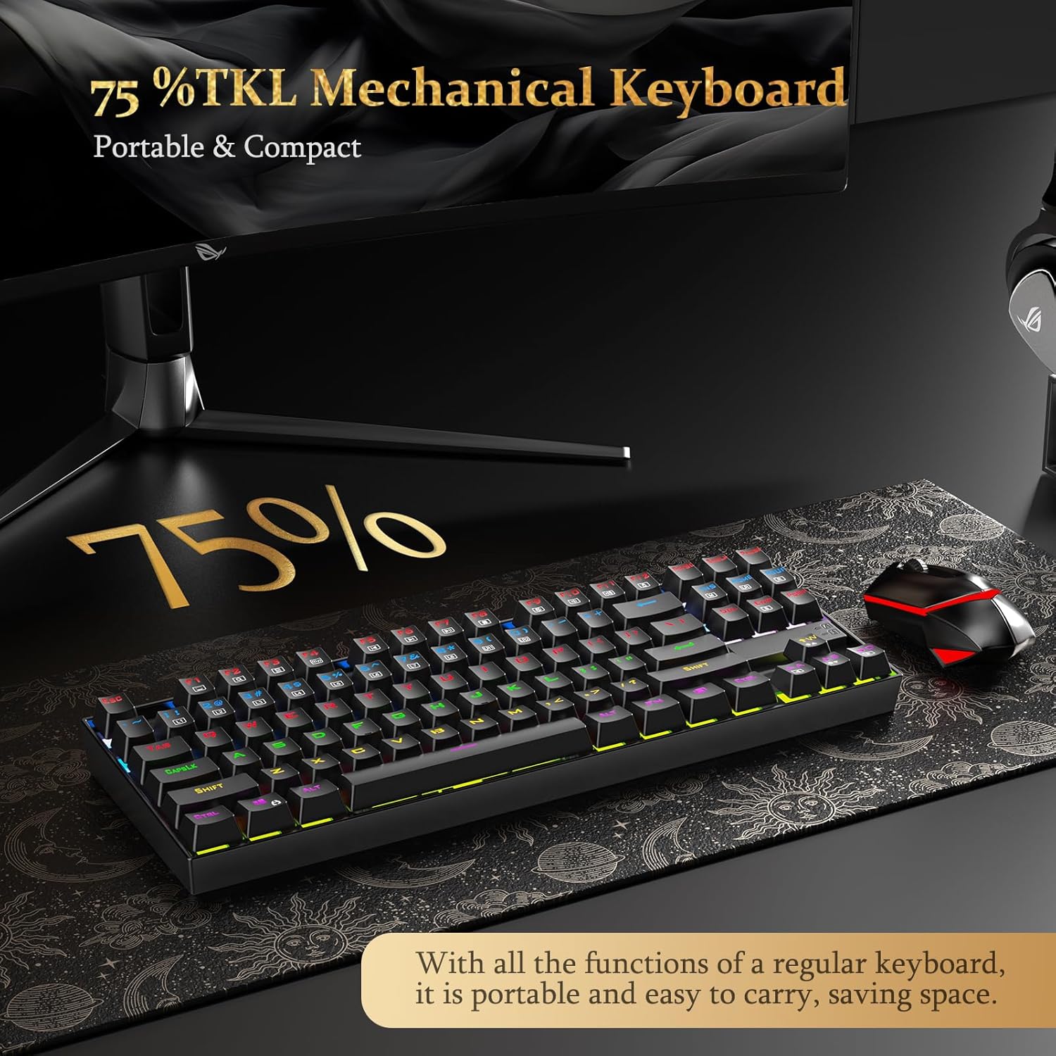 Redragon Kumara K552 Rainbow LED Backlit TKL Ten Key-Less Mechanical Wired Gaming Keyboard Without Numlock Keys (Black)